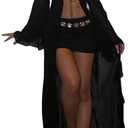NRTHYE Women Mesh Long Flowy Kimono Cardigan Sexy Sheer Long Sleeve Ruffled Chiffon Duster Robe Summer Beach Cover Up L