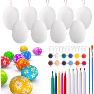 Max Fun 50 Pcs White Blank Easter Eggs Ornaments Bulk Decoration for Craft Hanging Plastic Artificial Eggs with Rope DIY Painting Decorating Basket Fillers Gift Easter Party Favors