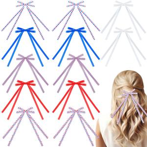 12 Pcs 4th of July Hair Bow Clips Patriotic Red White and Blue Thin Long Tail Bow Barrettes and Hair Accessories for Women Independence Memorial Day Outfit Pigtail Decor