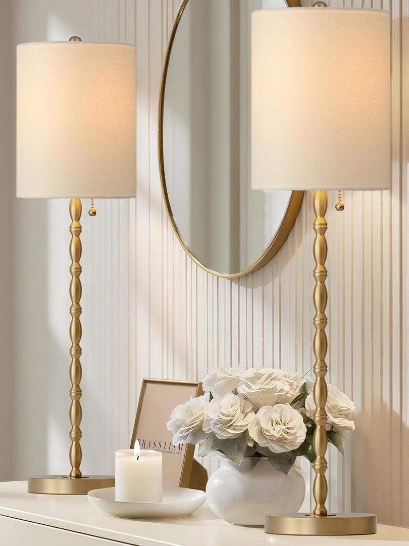 Buffet Lamps Set of 2, 28.5" Tall Brass Finish Lamps for Entryway, Hallway, Console Table, Dining Sideboard or Living Room, UL Certified with Pull Chain, Linen Shade, Urban Luxury Style