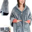 EzrAllora Premium Double Layer Poncho Blanket - No Sleeves Easy On Easy Off- Drape and Go- 2 pockets - Gifts for Grandma (Silver Grey)