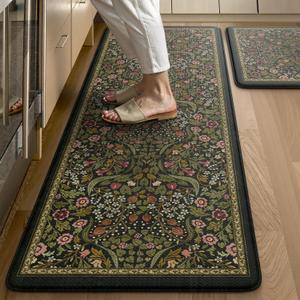 Collive Kitchen Mats for Floor 2PCS, Cushioned Anti Fatigue Rugs Non-Slip Waterproof Kitchen Sink Mat, Green Floral Standing Mat for Bar, Office, Desk, Home Decor (20"x47"+20"x32")