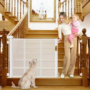 Reinforced Retractable Baby Gates for Stairs 55 Inch Reinforced Strip Baby Stair Gate Retractable Dog Gate for Stairs Retractable Gate for Stair Post, Banister to Banister, Banister to Wall, Doorway (White)