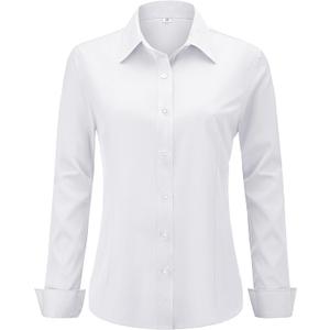 Soft Wrinkle-Free Women's Button Down Dress Shirts Solid Long Sleeve Work Blouses Fit Stretch Casual Tops (Large, White)