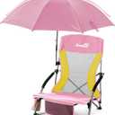 Lamberia Folding Beach Chair with Umbrella for Adults, Portable Low Beach Chairs with 300lbs Capacity, Lightweight Fodable Camping Chair for Travel, Picnic, Concert & Outdoor Activities, Pink-Yellow