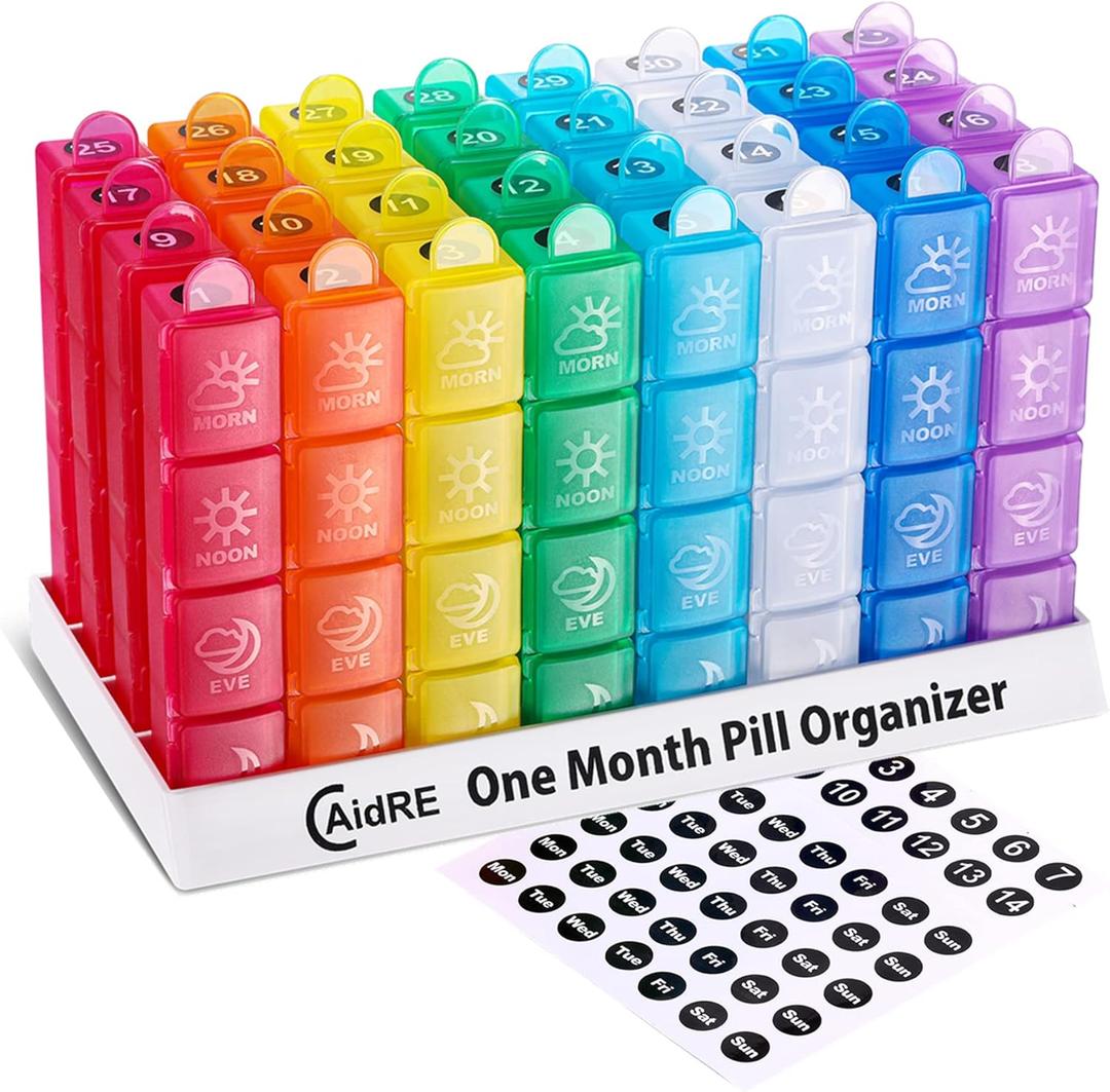 Monthly Pill Organizer 4 Times A Day, One Month Pill Organizer, Monthly Pill Box Organizer with 32 Daily Compartments for Fish Oil, Vitamins, Supplements and Medications, 31 Day Pill Case (Multi-colored)