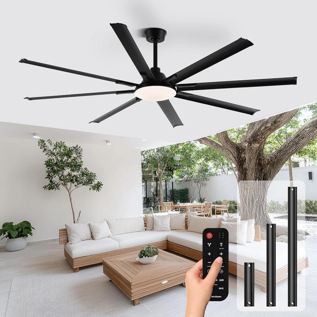 Modern Ceiling Fans with Lights, 84 Inch Ceiling Fan with Light and Remote,Living Room Library Cafe Outdoor/Industrial, 36W 3CCT, 8 Aluminum Blades 6 Speed Reversible Quiet DC Motor, Black