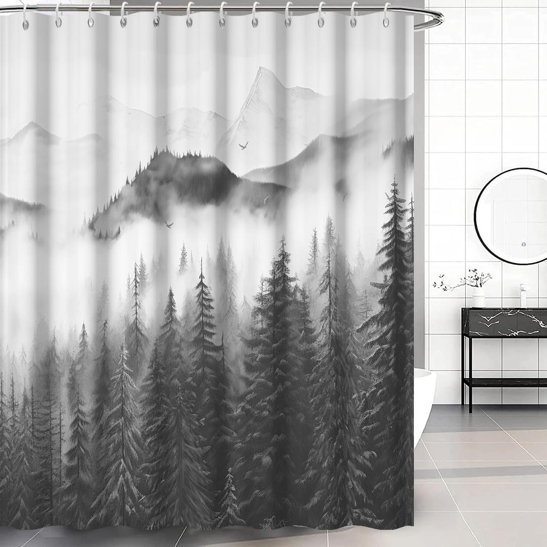 Grey Misty Forest Shower Curtain, Nature Foggy Mountain Shower Curtain Set for Bathroom Waterproof Pine Tree Woodland Bathroom Decor with Hooks, 72x72 Inch