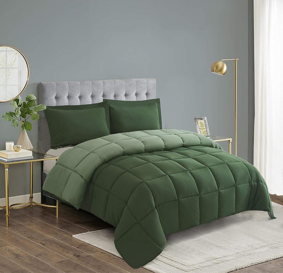 HIG 3pc Green Queen Comforter Set Duvet Insert, Reversible, All Season, Box Stitched, with Corner Tabs, Soft, Fluffy