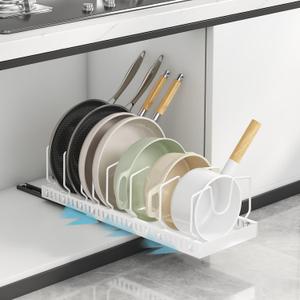 Pots and Pans Organizer Under Cabinet, Pull-out Pots and Pans Organizer, Under Cabinet Pot Lid Holder, Sliding type Pots and Pans Storage with 8 Adjustable Dividers for Kitchen (White)