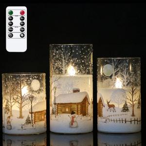 DRomance Snowman Glass Flameless Candles Battery Operated with Remote and Timer Real Wax LED Flickering Pillar Candles White Cold Light Window Christmas Holiday Decor D3 x 4",5",6" (1-Snowman Famliy)