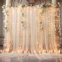10x10ft Champagne Tulle Backdrop Curtain with Lights String for Parites, Sheer Photo Backdrop Curtains for Wedding Ceremony Bridal Shower Baby Shower Birthday Party Photo Shoot Background Decorations (2 Panels(5*10FT))