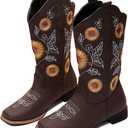 gloryinterest Cowboy Boots for Women Mid Calf Cowgirl Western Boots Sunflower Embroidery Stitched Square Toe Low Heel Black Brown Yellow US6-10.5
