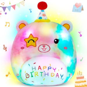 14" Happy Birthday Light up Musical Bear Plush Pillow Cute Rainbow Stuffed Animal Soft Kawaii Birthday Plushie Star Wink Funny Pillows Home Room Decoration Gifts for Toddlers Kids Girls