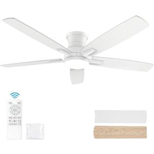 YUHAO 52 Inch Flush Mount White Ceiling Fan with Light and Remote Control.Noiseless,Dimmable,3CCT,6 Speeds Reversible, Low Profile DC Ceiling Fans for Indoor or Covered Outdoor Use,ETL Listed