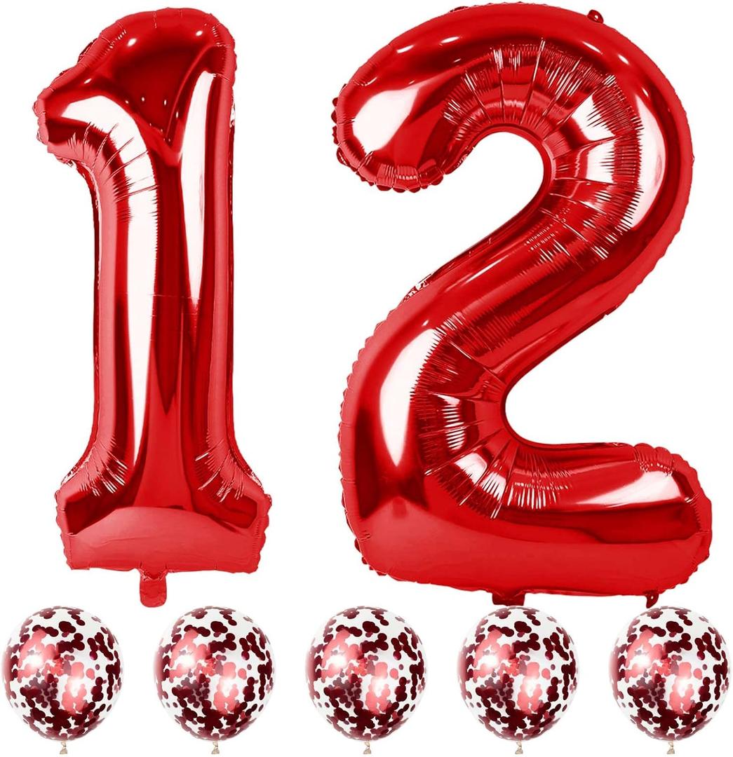 12th Birthday Balloons for Boys Girls, 40 Red Foil Number 12 Balloons with Confetti Latex Helium Balloons, Red Birthday Party Balloons Numbers 1 and 2 for Women Men 12th 21st Anniversary Decorations