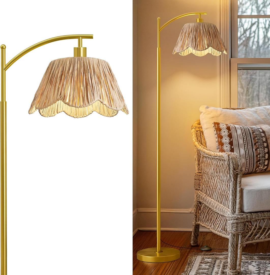 Oneach Arc Floor Lamp for Living Room,Rattan Boho Floor Lamp with Hand-Woven Shade, Foot Switch,Gold Metal Base & Pole,Farmhouse Standing Lamp for Bedroom Corner,Reading, Brushed Gold