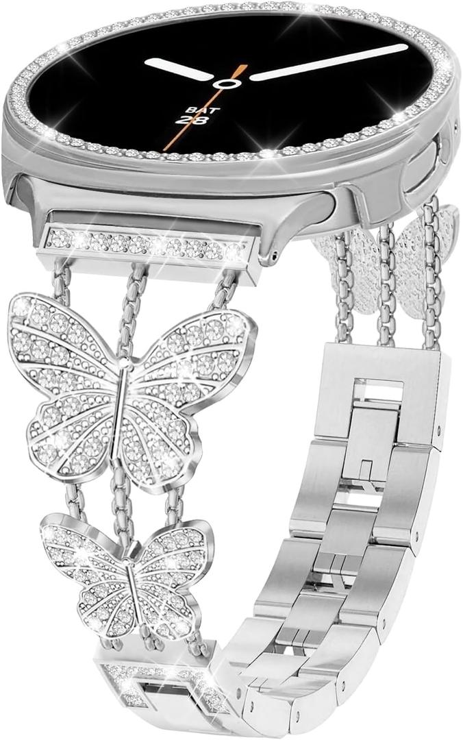 Bling Band with Case Compatible for Samsung Galaxy Watch 8 40mm 44mm, Women Diamond Butterfly Metal Bracelet Rhinestone Strap with Protector Case