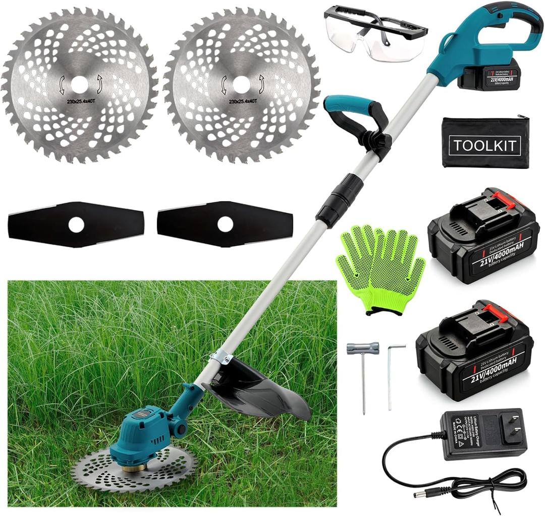 Weed Wacker Brushless Motor, Cordless Brush Cutter with Blade, Electric Weed Eater, 3-in-1 String Trimmer, Grass Cutter, Weed Trimmer, Edger Lawn Tool for Trimming, 2PCS 21V 4.0Ah Batteries