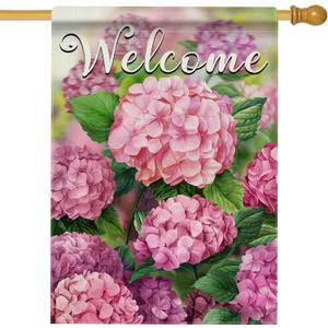 Hzppyz Welcome Spring Summer Hydrangea House Flag Double Sided, Pink Floral Flower Decorative Garden Yard Outdoor Large Decor, Seasonal Burlap Home Outside Decoration 28 x 40
