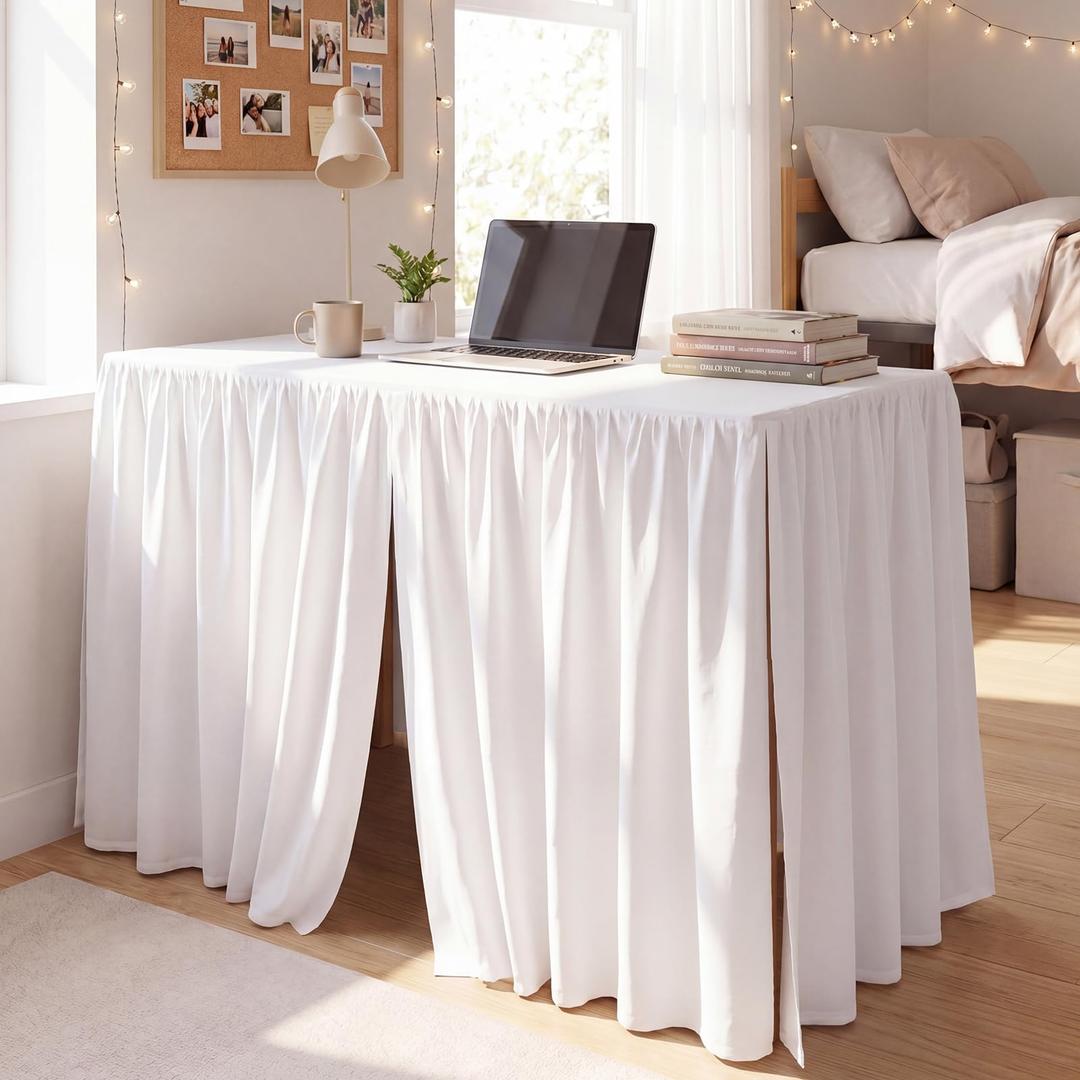 Breling 1 Pcs Ruffled Split Dorm Desk Skirt 42" L x 24" W x 30" H, White