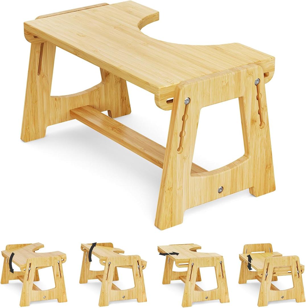 NiHome Adjustable Bamboo Toilet Stool, Squatty Potty, Fits Most Toilets 13.5"-18", Supports 220 lbs, with Multi-Angle Design and Four Levels for Adults and Kids, Relieve Constipation and Bloating