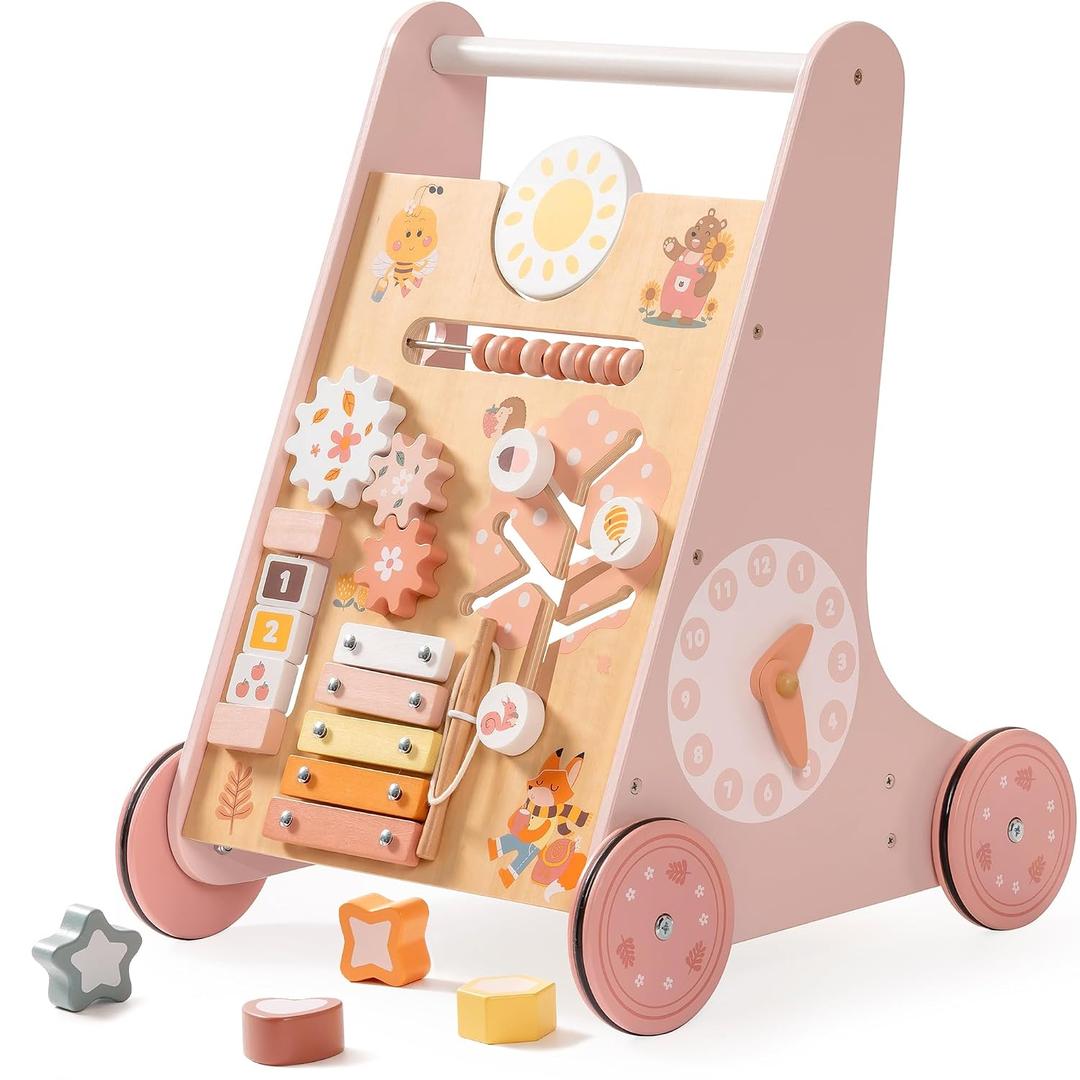 ROBUD Wooden Baby Walker, Baby Push Walker with Activity Center and Storage, Montessori Walker Toy for Boys and Girls Learning to Stand and Walk, Pink