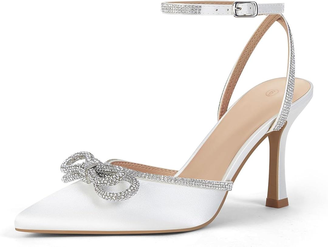 VETASTE Women's Double Bow Pointed Toe Ankle Strap Crystal Pumps Wedding Bridal Party Stilettos Backless Satin Heeled Sandals (6, 01-white)