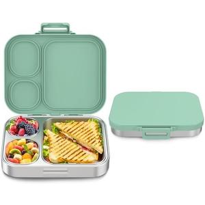 Howeemo Stainless Steel Bento Box Kids, Leak Proof Metal Bento Lunch Box, 3 Compartments 304 Stainless Steel Bento Lunch Containers for School and Office, Dishwasher Safe, BPA-Free(Green)
