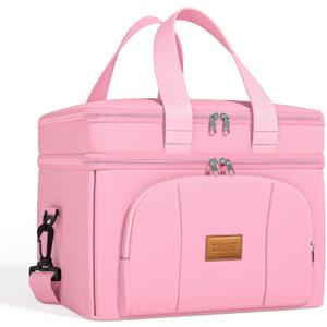 Rnivvi Lunch Box for Women, Double Decker Insulated Cooler Bag Lunch Bag Reusable Leakproof Tote Lunch Container with Strap for Work Family Picnic Hiking Camping, 18 Cans 12L, Large Adults, Pink