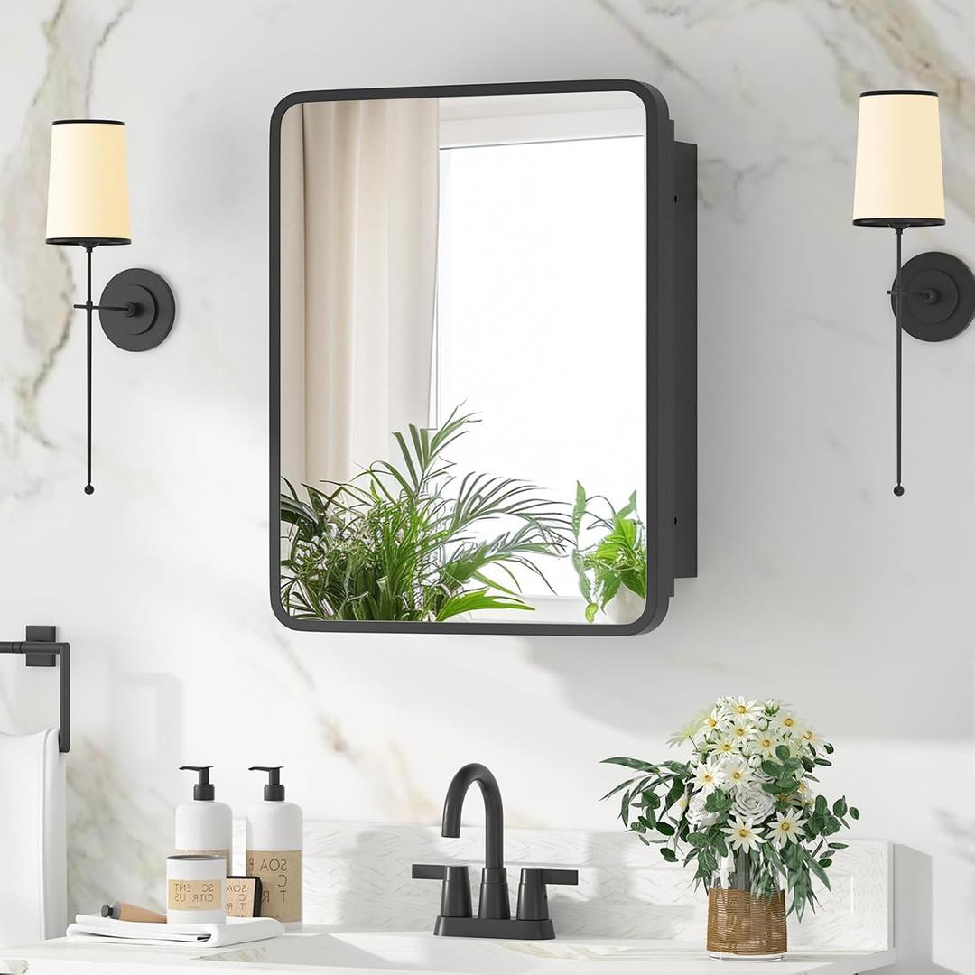 Medicine Cabinet with Mirror, 14x18 Inch Black Bathroom Mirrored Cabinet, Metal Framed Wall Cabinet with Beveled Mirror, Modern Surface Mount or Recessed Medicine Cabinet with Storage