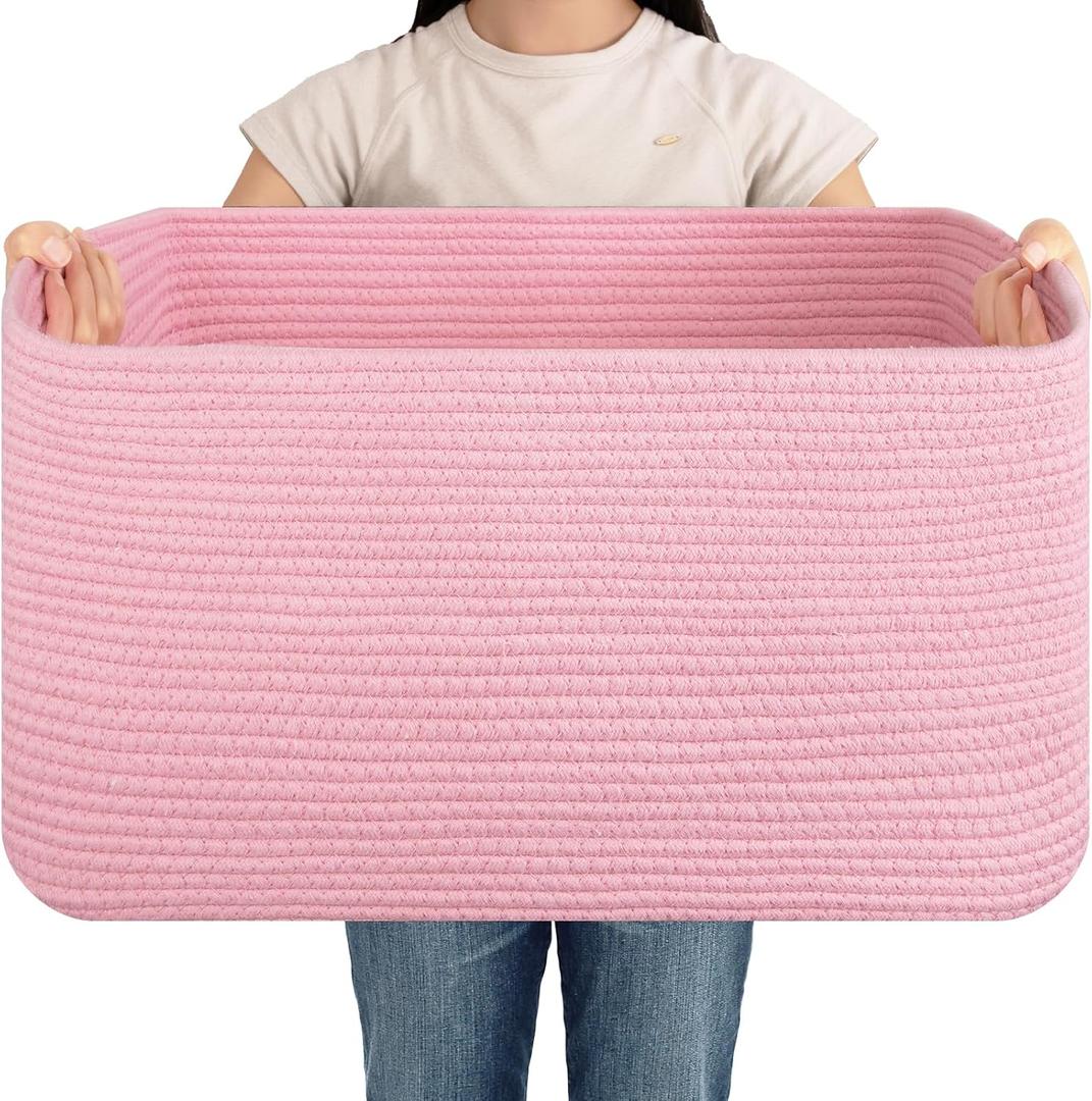 OIAHOMY 75L Blanket Basket, Woven Cotton Rope Basket for Organizing 22”x17”x12”, Used for Living Room, Bedroom, Nursery, Pink