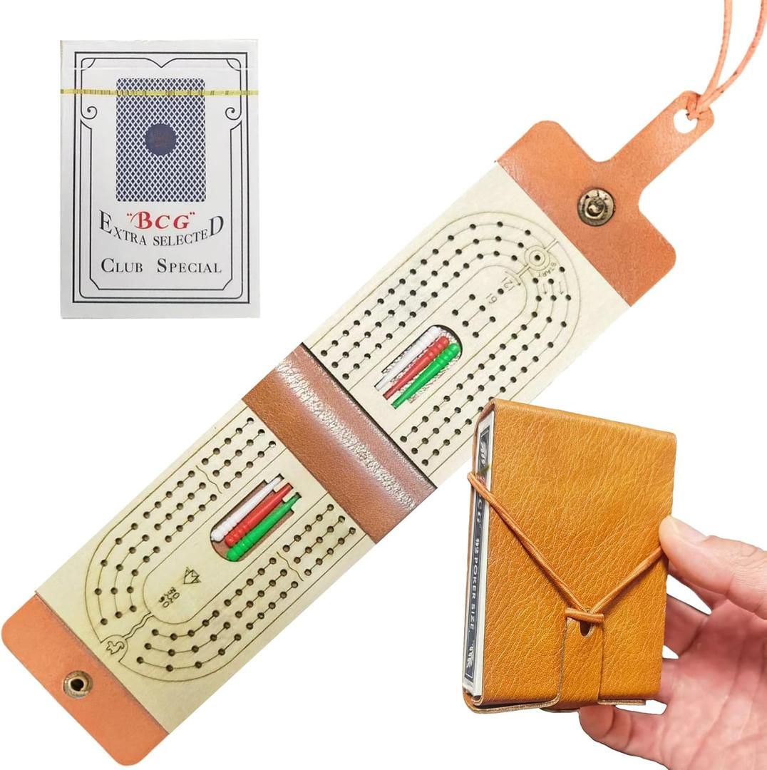 Travel Cribbage Board Game Set,Leather Foldable Cribbage Game with 6 Pags and 1 Playing Cards, Travel Portable Cribbage with Cards Storage Area, Board Games for Adults for Game Night
