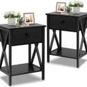 VECELO Night Stands for Bedroom Rustic Nightstand Bedside End Tables with Drawer Storage, (Set of 2), Classic Black