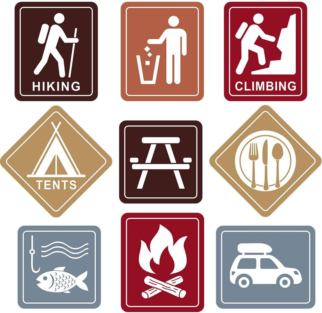 Blulu 9 Pcs Camping Themed Party Decorations, 10-11.8 Inch Laminated Camping Sign Cutouts, Picnic Theme Party Signs, Climbing Fishing Tents Campfire Trash Car Paper Cutouts with 40 Glue Point Dots