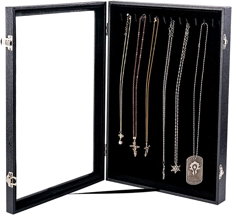 Vertical Necklace Holder Organizer,Necklace Storage,Necklace Organizer Box,Jewelry Tray with Glass Lid (Black Velvet)