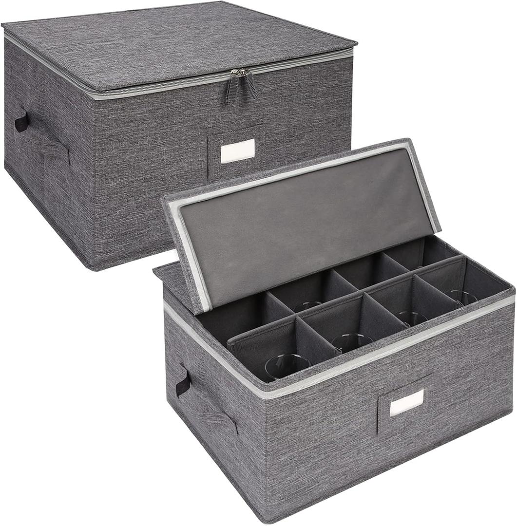 popoly Stemware Storage Containers (2 pack), Wine Glass Storage Box with Dividers for Glassware or Crystal, Holds 12 Red or White Wine Glasses, Hard Top and Stackable (Grey)