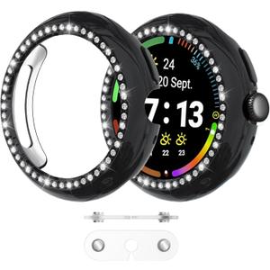 Wugongyan 2-Pack Case for Google Pixel Watch 4 45mmCharge with Case On Bling Single Row Crystal Diamonds Hard PC Protective Cover Edge Protector for Pixel Watch 4(Black+Clear,45mm)