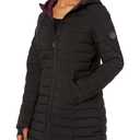 HFX Women's Stretch 3/4 Lightweight Puffer Jacket Welt Hand Pockets Knit Cuff with Thumbhole Water Resistant 32" Coat, Black, Large