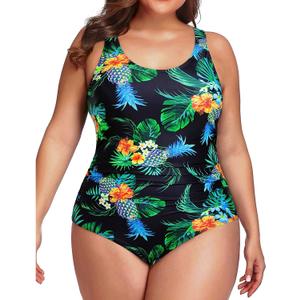 Daci Women Plus Size One Piece Swimsuit Athletic Tummy Control Ruched Bathing Suit with U-Back (XX-Large, Black Pineapple) Daci Women Plus Size One Piece Swimsuit Athletic Tummy Control Ruched Bathing Suit with U-Back (XX-Large, Black Pineapple)