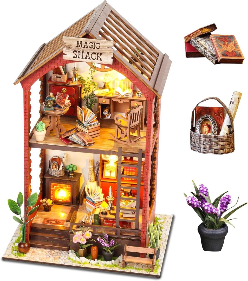 DIY Book Nook Kit, Miniature Dollhouse Booknook Kit with Light, 3D Wooden Puzzle Bookend Bookshelf Decor for Adults, Library