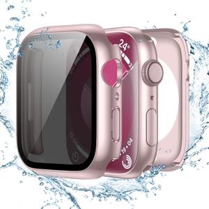 2 x Tensea (2-in-1 for Waterproof Apple Watch Screen Protector Case 45mm Series 9 8 7, iWatch Protective PC Face Cover Built-in Privacy Tempered Glass Film [26 Anti Spy] [360 Full Protection] (Original Pink)