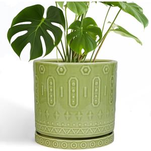 Ceramic Pot for Plants - 10 Inch Indoor Plant Pots with Drainage Holes and Saucer, Boho Round Planter Outdoor, Decorative Large Planter for Flower, Living Room Decor, Garden Gifts, Green