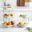 2 Tier Ceramic Fruit Bowl for Kitchen Counter, Tiered Fruit Basket for Countertop, Modern Multi Layer Fruit Display Stand for Party, Cute & Small (Gold&White)