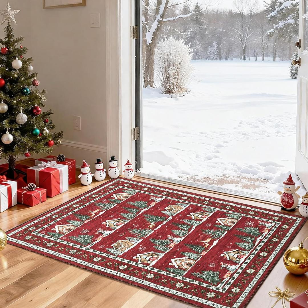 GarveeHome 2x3 Christmas Area Rugs Machine Washable Entryway Low Pile Non Slip Small Boho Rug Xmas Snowflake Decorative Stain Resistant for Bathroom Kitchen Red