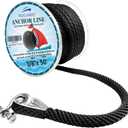 YOUNG MARINE Made 3/8 Inch 50FT 100FT 150FT Premium Solid Braid MFP Anchor Line Braided Anchor Rope/Line with Stainless Steel Thimble and Shackle, Black (3/8" x 50')
