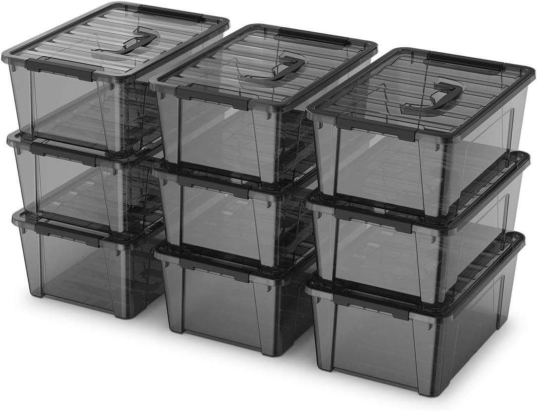 9-Pack Plastic Storage Bins with Lids, 6 Quart Stackable Organization Containers with Latch Buckle.Clear Black