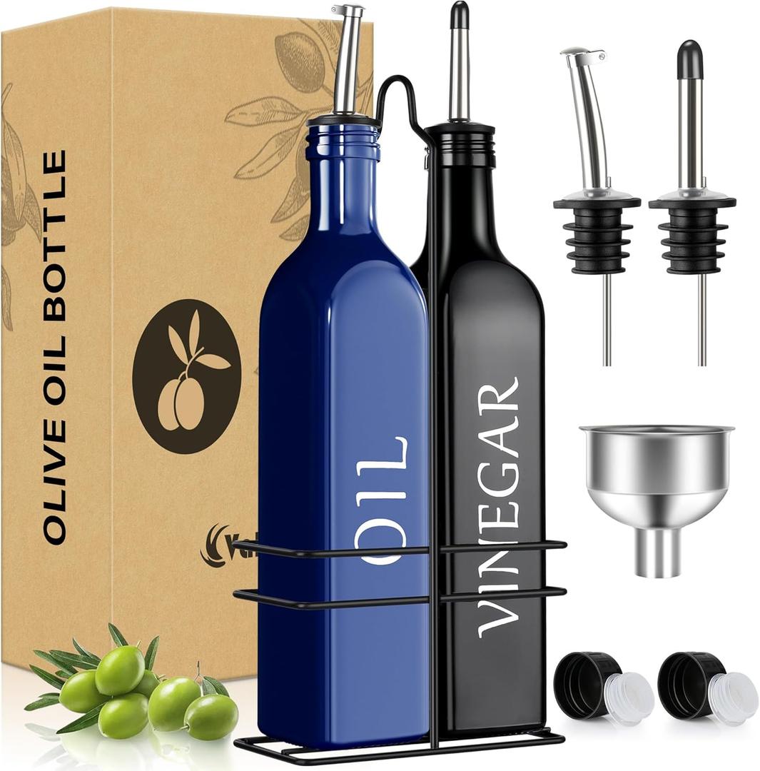 Vakoo Oil Dispenser for Kitchen - 17oz/500ml, Extra Thick Glass, Leak Proof, Vinegar and Olive Oil Dispenser Bottle Set (Blue Black)