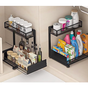OUTIOE Under Sink Organizer and Storage, 2 Tier Pull Out Cabinet Organizer, Slide Out Under Sink Storage Shelf, Undersink Organizers Shelves for Kitchen Bathroom Pantry Organization (Black)