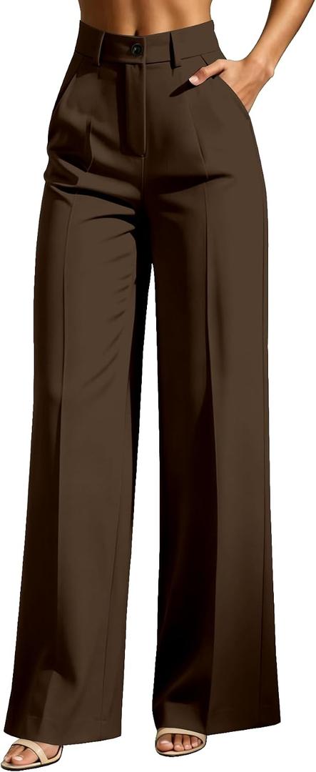 Ulovmi Women's High Waist Wide Leg Pants Tailored Flowy Trousers Casual Work Pants (Brown, XL)